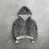 Women's Hooded Long Sleeve Zip Up Hoodie Loose Fit Streetwear Reversible Leopard Print Pocket Sweatshirt Top