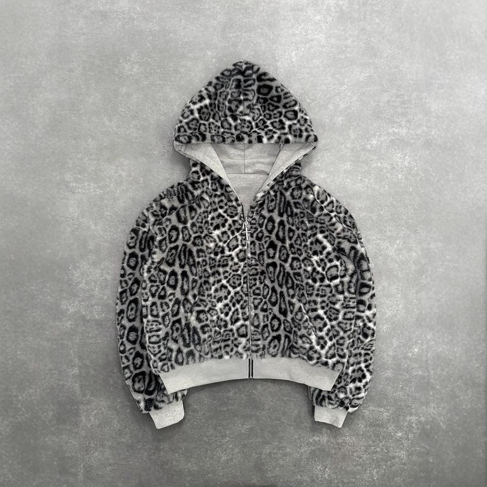 Women's Hooded Long Sleeve Zip Up Hoodie Loose Fit Streetwear Reversible Leopard Print Pocket Sweatshirt Top