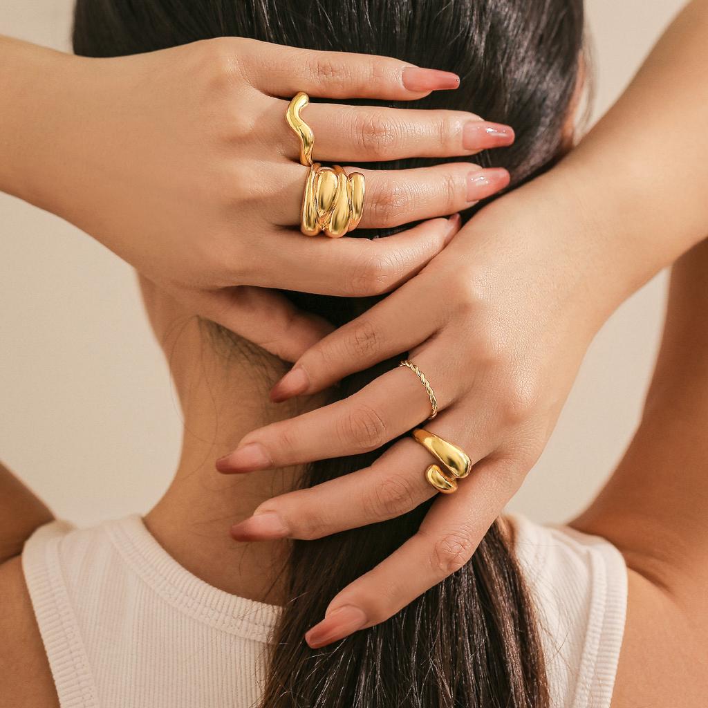 IngeSight.Z 4Pcs Punk Adjustable Open Gold Color Ring Fashion Smooth Metal Ring Set Women's Aesthetics Party Jewelry