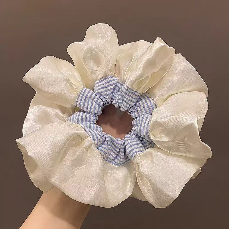 Korean Version, Oversized, Blue Striped Headband, High-end Feel, Ballet Style, Satin Headband with Meatballs, Versatile Headband