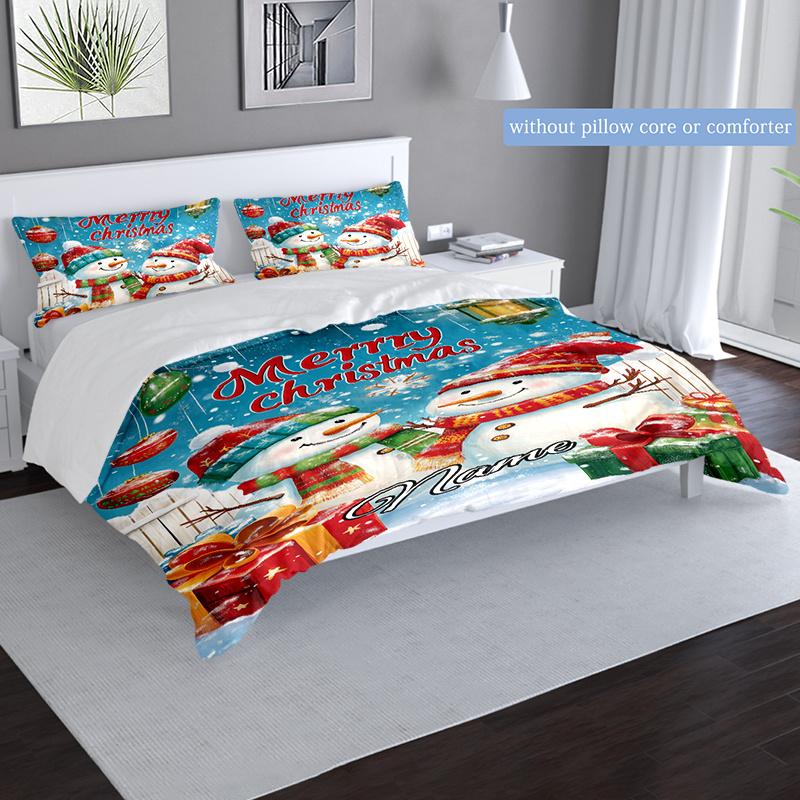 Beautifulchristmastwosnowman Customize Your Name Duvet Cover Soft Bedding Set For Bedroom Guest Room And Dorm Decoration Threepiece Set Includes 1