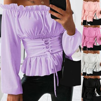 Fashion Women's Solid Color Long-sleeved Strapless Ruffle Trim Drawstring Shirt