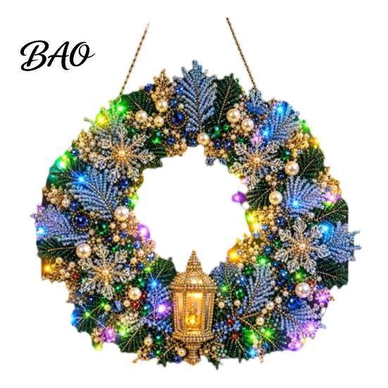 Seasonal Holiday Crafting Set Christmas Diamond Painting Wreath Kit with LED String Lights, Snowman Pearl Art Shiny Acrylic Craft for Adults,