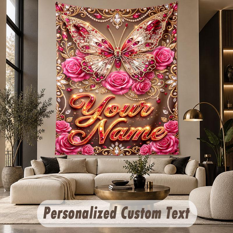Butterfly (211) Theme Wall Tapestry Customized With Name Text Personalized Hanging Tapestry For Bedroom Living Room Decor