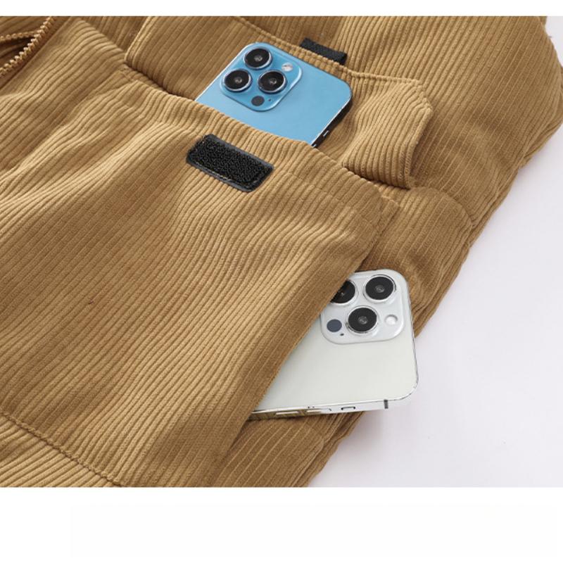 Men's Corduroy Vest with Fleece Lining, Thickened Vest, Plus Size Stand Collar, Multi-Pocket Workwear, Down Cotton Vest, Trendy