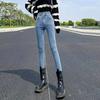 Women's Blue-Gray High-Waisted Slim Fit Jeans - Spring/Autumn Style, Elastic Pencil Pants