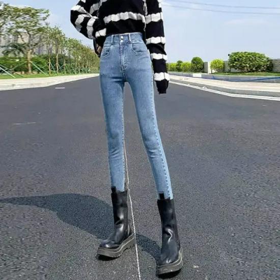 Women's Blue-Gray High-Waisted Slim Fit Jeans - Spring/Autumn Style, Elastic Pencil Pants