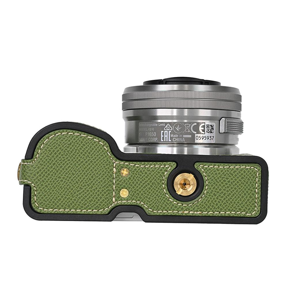 Kamera-Halbhülle aus PU-Leder mit Palmenmuster für Sony ZVE10 ZV-E10, Batterieöffnung mit Handschlaufe