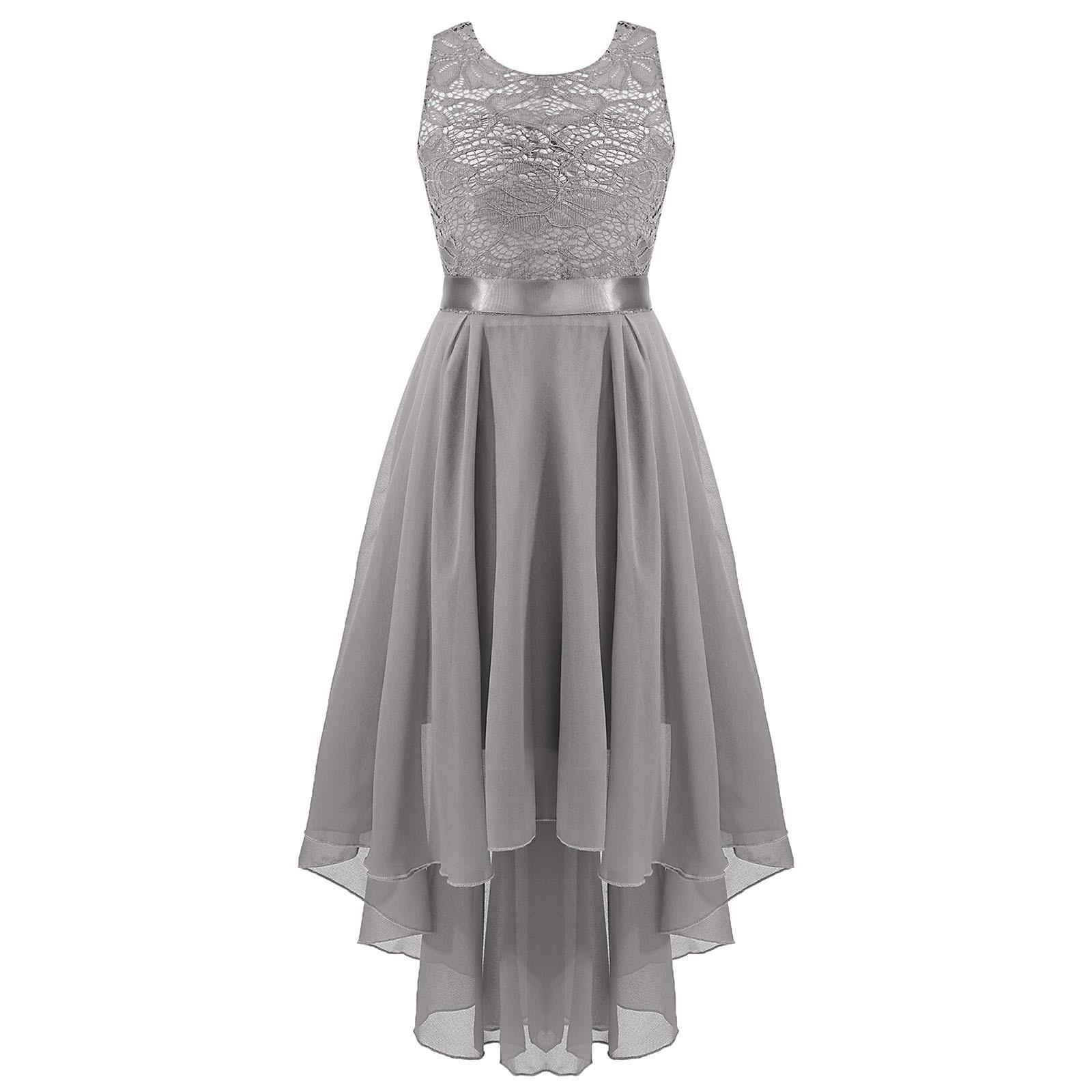 

Платье с цветочным узором для девочек, кружевное шифоновое платье без рукавов с высоким и низким маятником, пышное свадебное платье подружки невесты на день рождения 14-16 Years серый