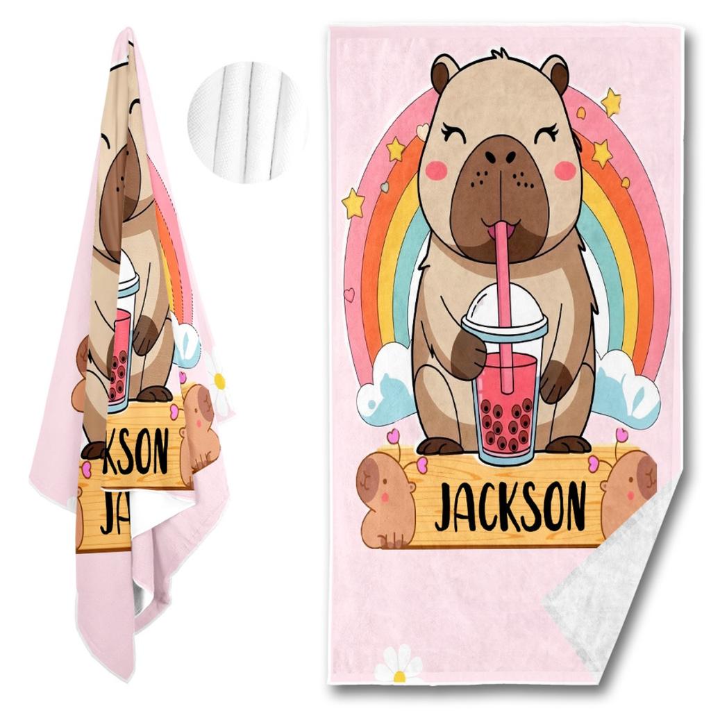 Custom Name Beach Towel Personalized Cute Capybara Bath Towels Soft Microfiber Quick Dry Swimming Pool Lounger Blanket