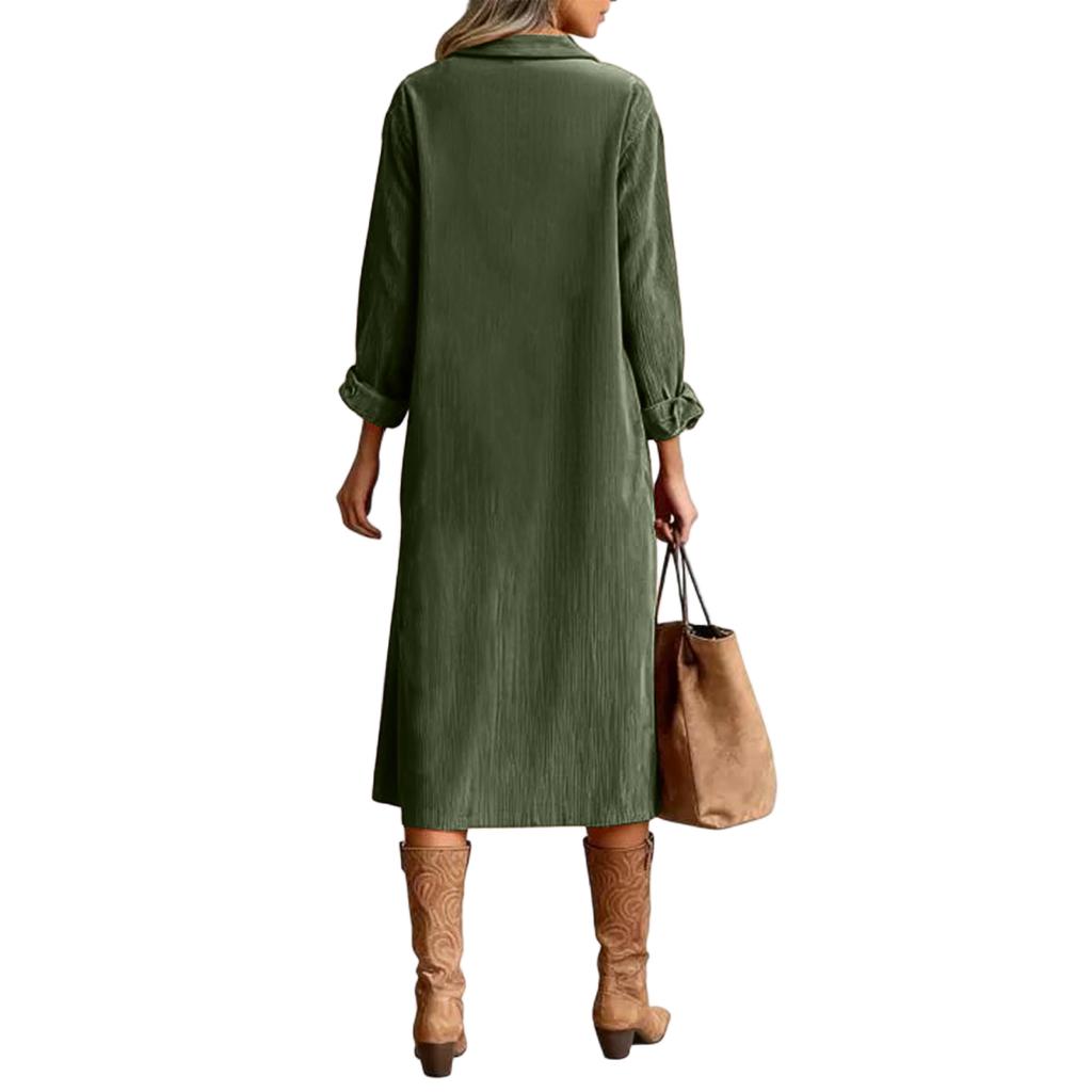 Women's Fashion Casual Color Corduroy Long-sleeved Dress With Lapel Shirt , Loose Long Skirt
