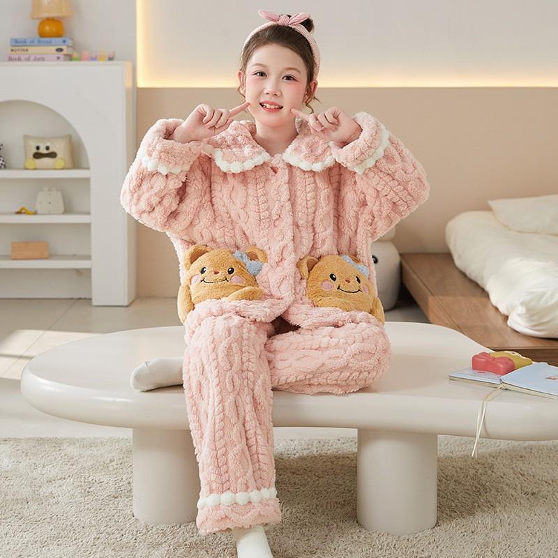 Girls Winter Warm Fleece Pajama Set Long Sleeve Cartoon Print Sleepwear Kids 8 Years