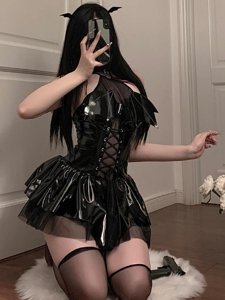 Dark Gothic Sexy Lolita Dress Animation Cosplay Costumes Naughty Role Play Apparel Stage Leather Skirt Bandage Plus Size Outfit