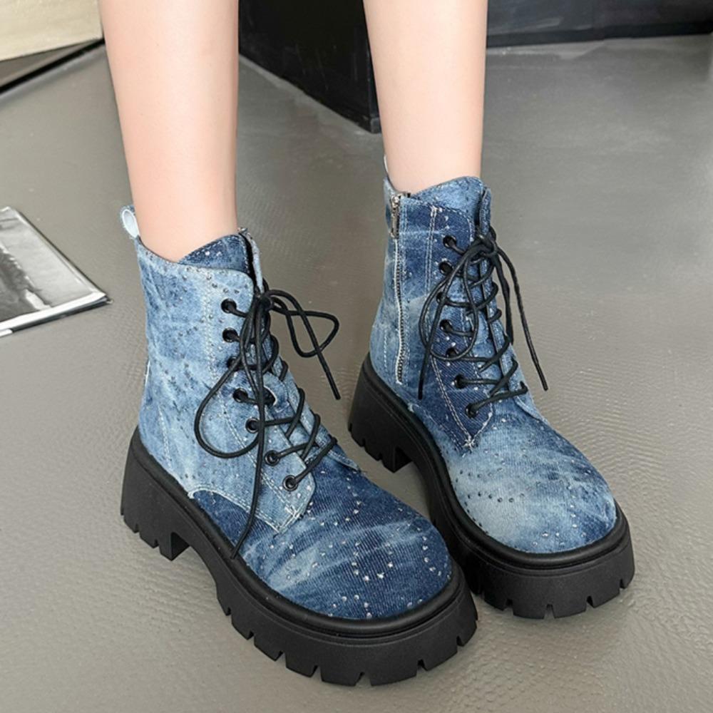 Módní platformové džínové kotníkové boty dámské křišťálové robustní podpatky krátké boty dámské silná podrážka protiskluzové motorkářské kotníkové boty dámské