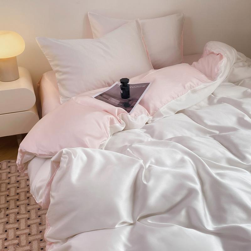 Summer Solid Color Ice Silk Four Piece Set Cool Feeling Bed Sheet Duvet Cover Three Piece Bedding Set For Dormitory Comfortable Bed Linen