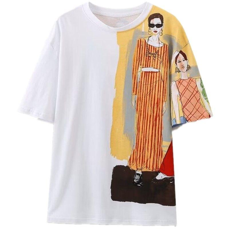Fashion Style 2024 Summer New Women's Clothes Casual Loose Round Neck Short Sleeve Girl Pattern T-shirt 1165251 250
