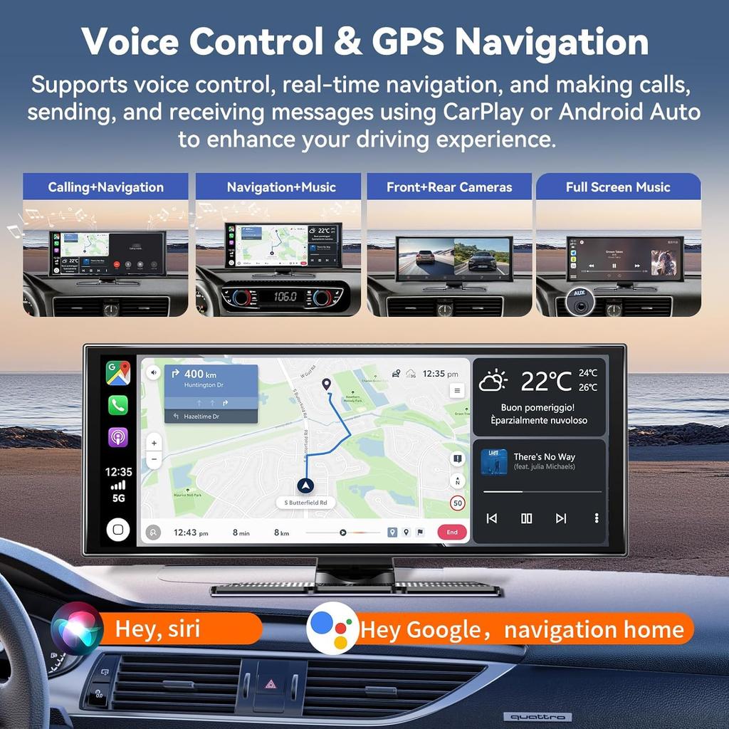 11.5' Carplay Screen with Android Auto, 4K Dash Cam, 1080P Backup Camera, GPS, Bluetooth, Voice Control