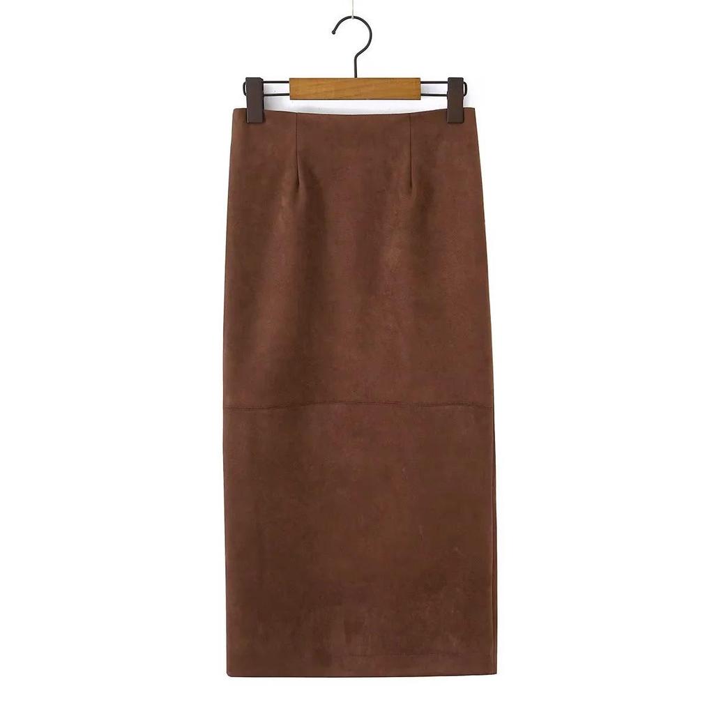 Women's Suede Bodycon Midi Skirt - Autumn/Winter Korean Retro Style