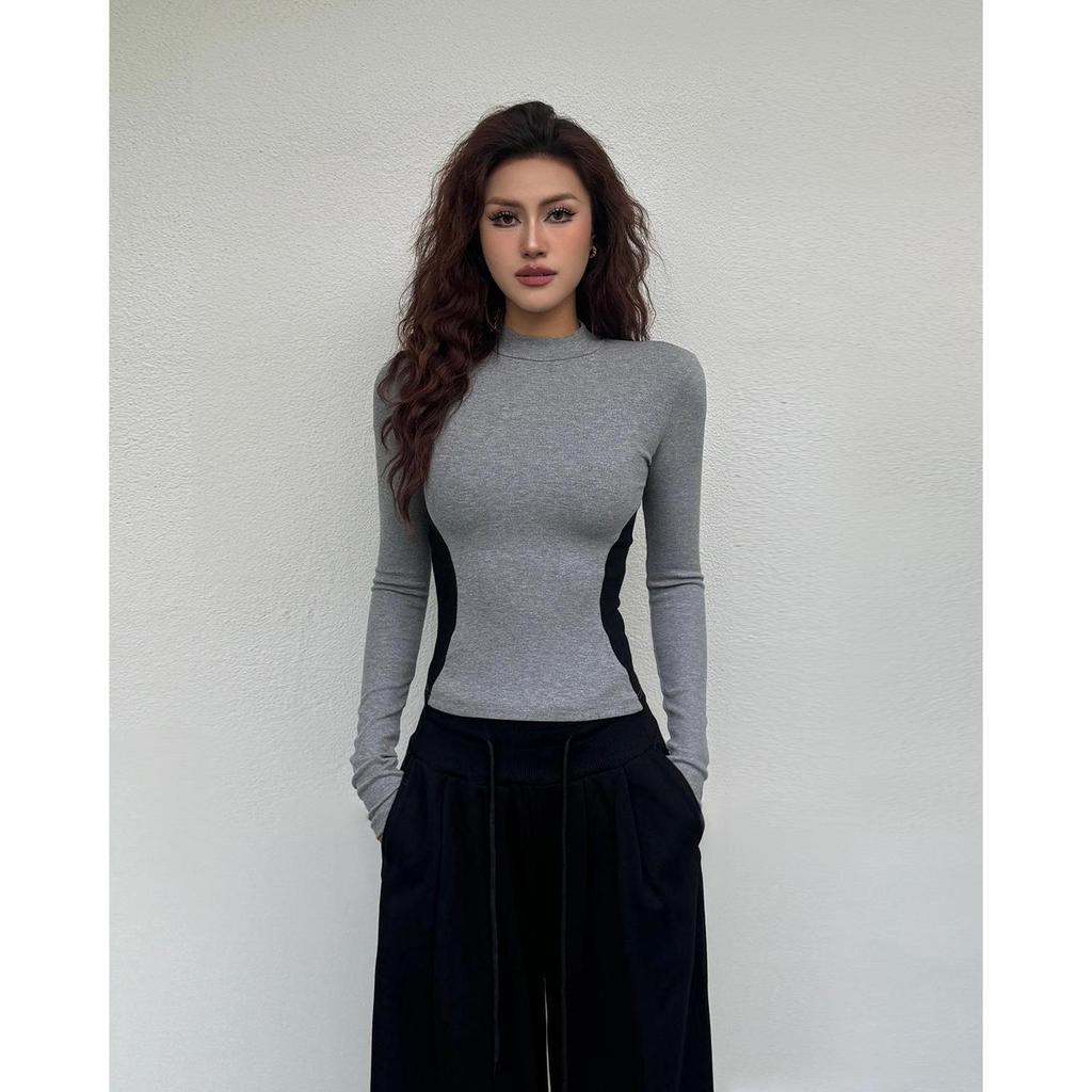 Damen Schlankmachendes Colorblock Langarm-T-Shirt - Halber Stehkragen, Innenlage, Herbst/Winter Trend