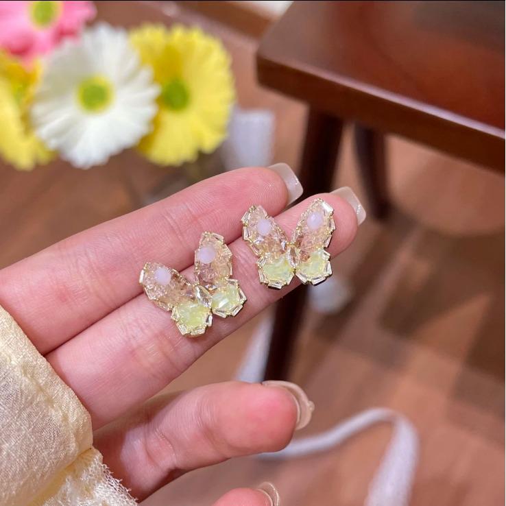 Forest-Inspired Pink & Green Crystal Butterfly Stud Earrings - Elegant S925 Silver Accessories
