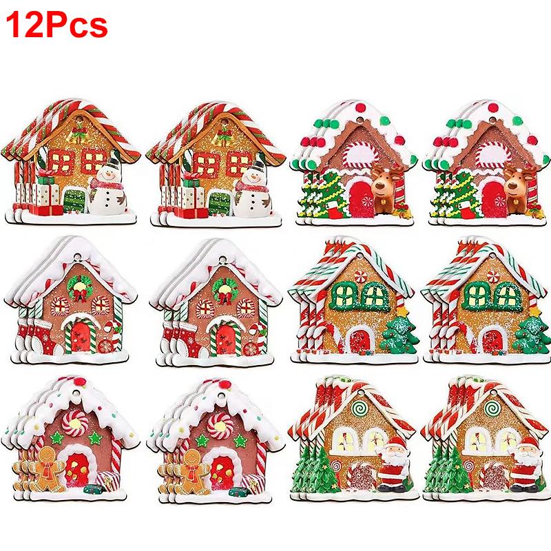 12PCS Christmas Tree Decoration Gingerbread House Pendant Wooden Multi-element Suspension Rope Holiday Wooden House Gift
