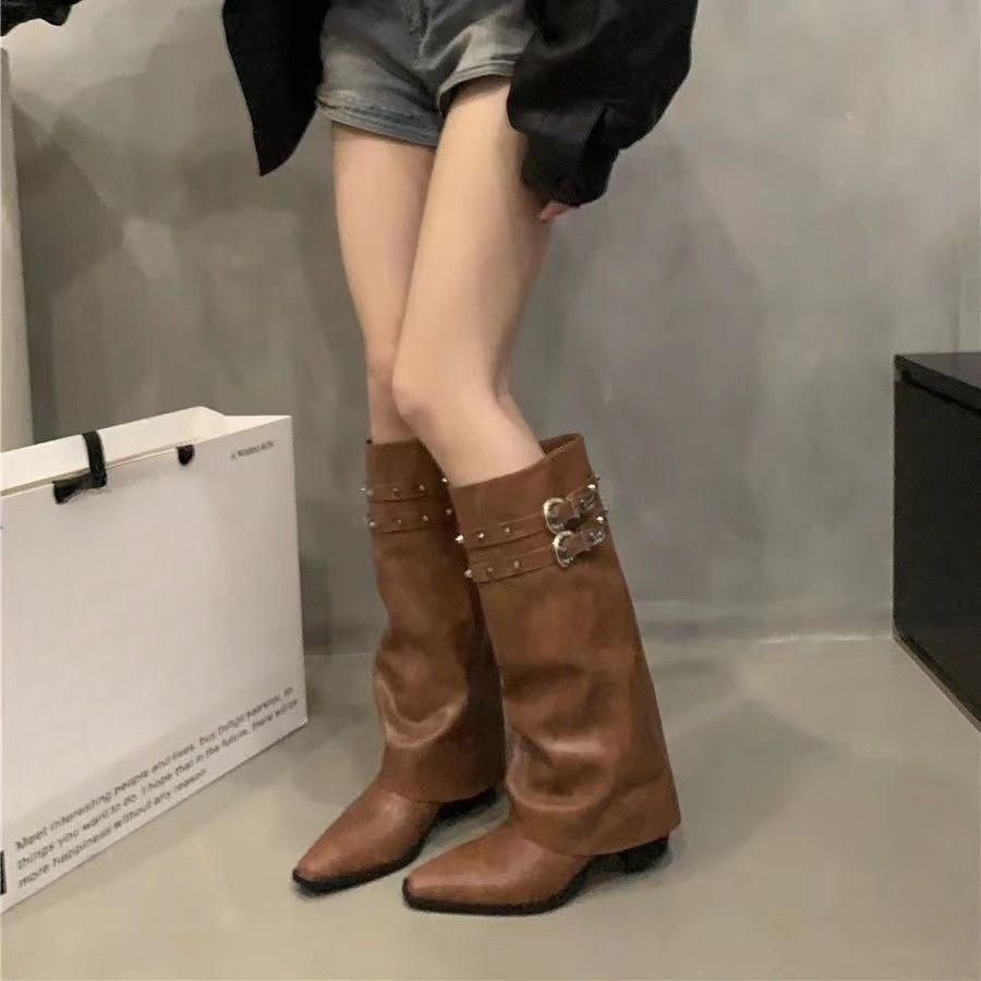 

Модная осенне-зимняя обувь на среднем каблуке с острым носком и голенищем до колена для женщин, новый рок-тренд 2025, удобные кожаные сапоги до колена для женщин 40