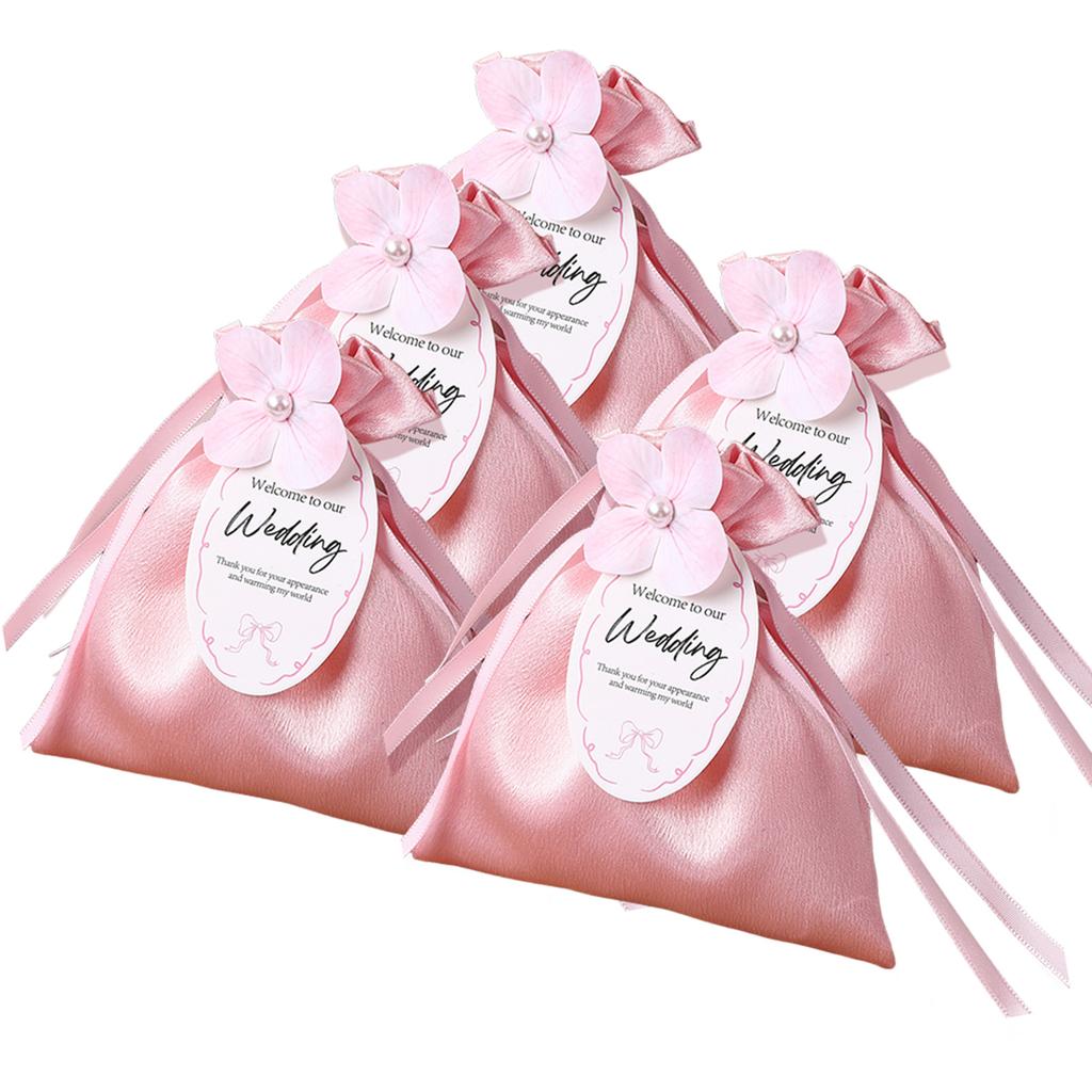 5pcs Exquisite Gift Bags,Solid-Color Satins Drawstring Bag,Flower Bridesmaid Present Candies Bag,Wedding Candies Box For Wedding