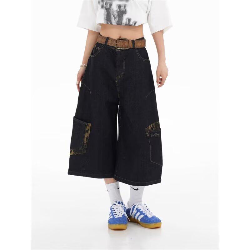 

Джинсы в стиле спецодежды женские летние свободные с большим карманом уличные шорты Харлан брюки-шаровары с широкими штанинами 3XL чёрный
