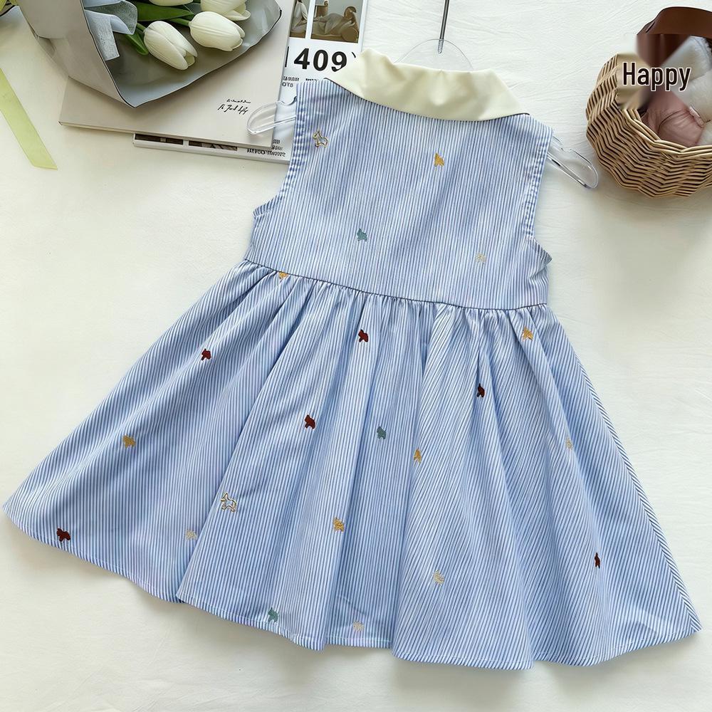 Girls' Summer 2026 Striped Sleeveless Princess Dress with Lapel