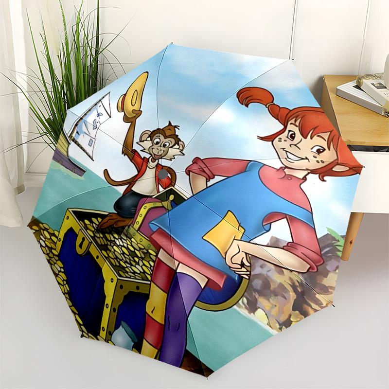 1pc Pippi Longstocking Automatic Folding Umbrella - Compact 8-Rib Design, Durable Plastic & Iron, Daily Use Z1230054