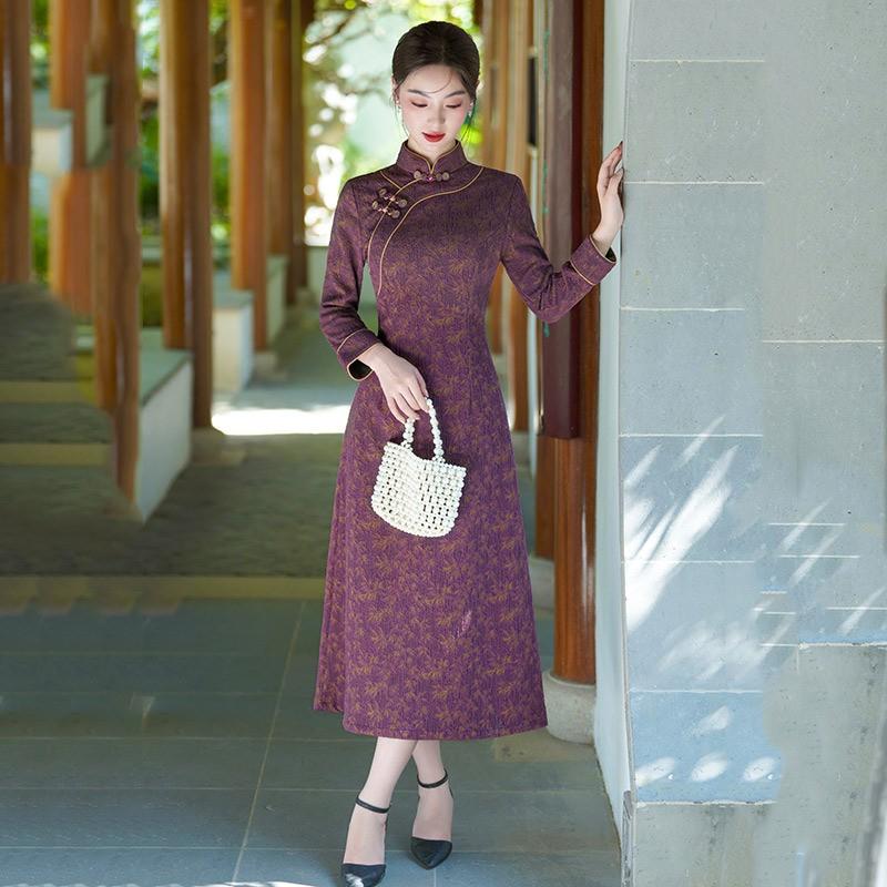 Elegant Purple Modern Chinese-Inspired Long Sleeve Dress Women Winter Vintage Style Medium