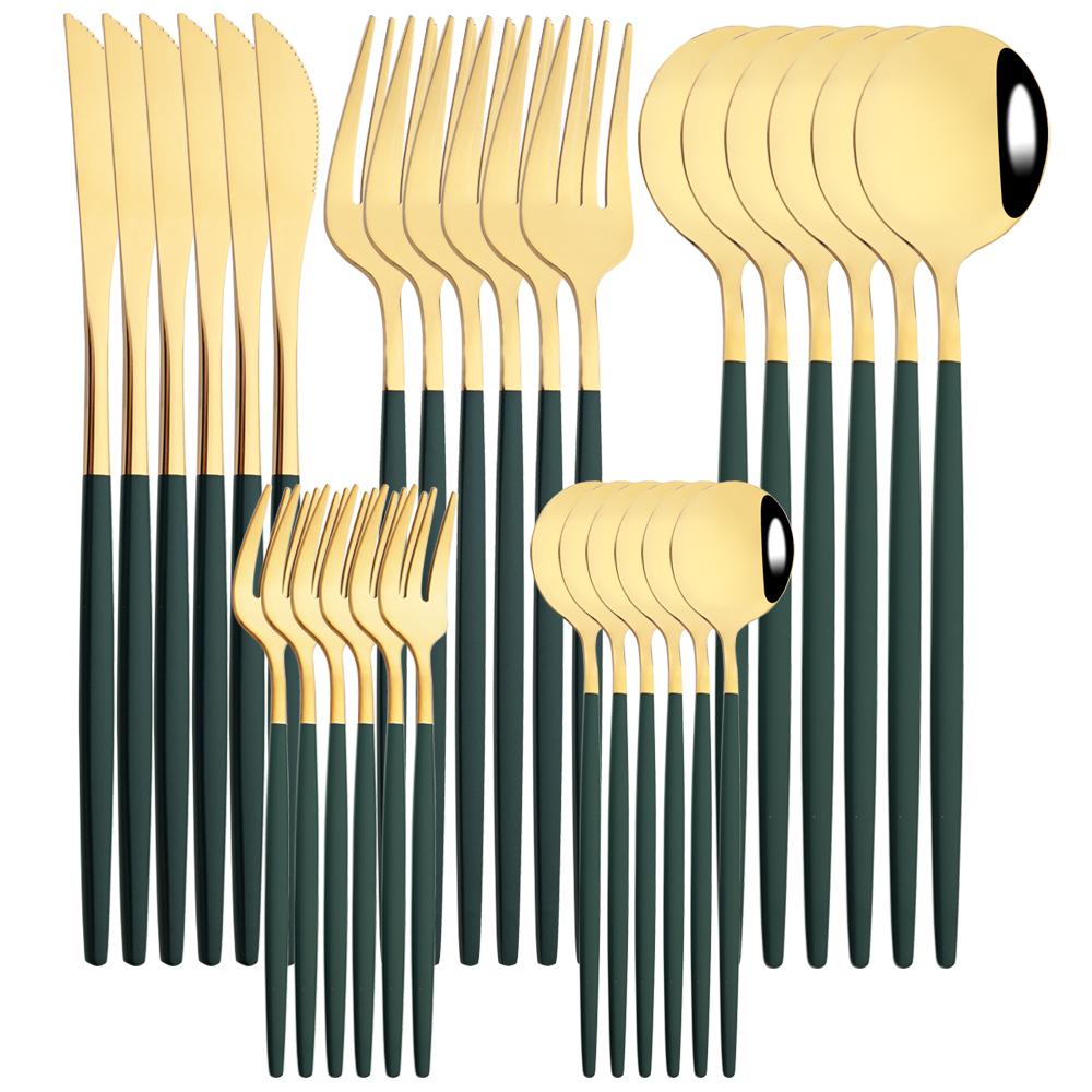 30Pcs Black Gold Cutlery Set Knife Fork Spoon Dinnerware Set Stainless Steel Cake Fork Teaspoon Tableware Party Kitchen Flatware