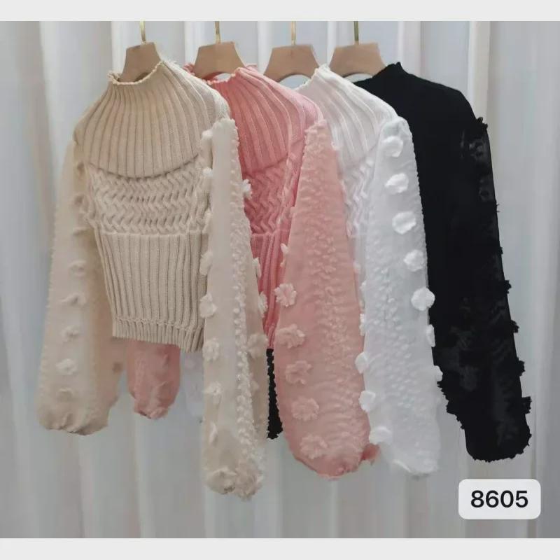 Petite Knit Sweater with Puff Sleeves & Mesh Splicing