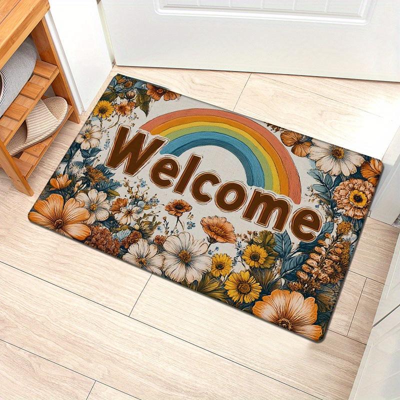 

1pc Flannel Thickened 0.47inch Pastoral Rainbow Style Entrance Door Mat, Vintage Flower Decoration Welcome Door Mat, Non-slip Ca 40cm x 60cm