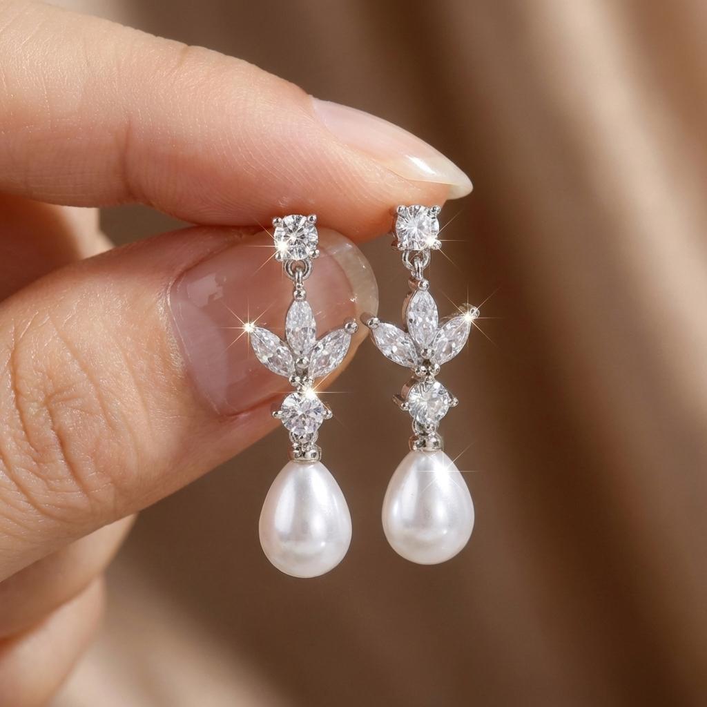 Classic AAA Zircon Imitation Pearl Drop Earrings For Women Shiny Cubic Zirconia Leaf Dangle Earring Bridal Wedding Party Jewelry