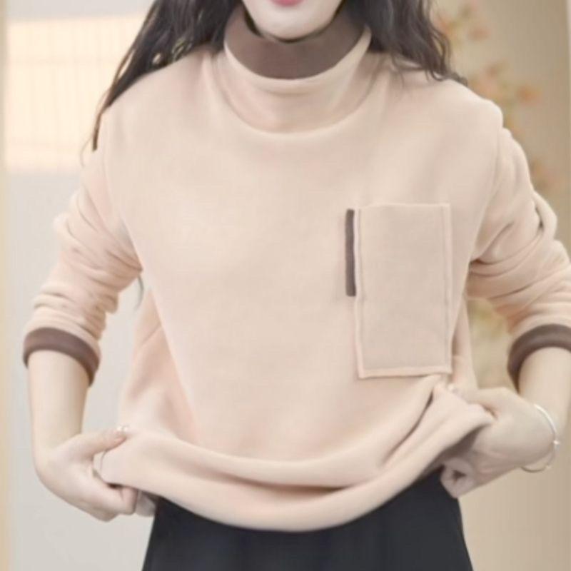 

Women s New Autumn Winter Fleece Hoodie Long Sleeve Color Block Layered Design Warm Thickened Double-sided Sherpa Pullover 4XL абрикосовий