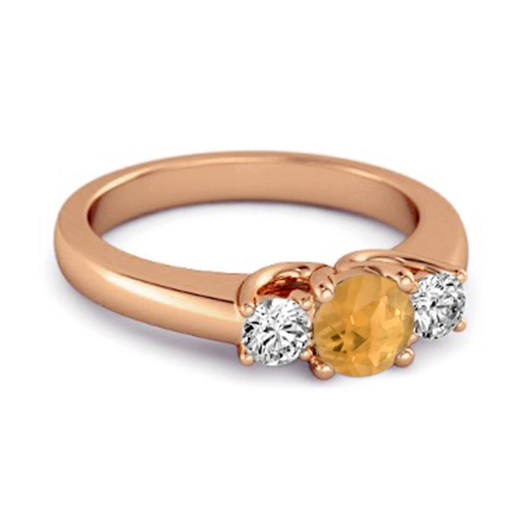 Citrine Round Three Stone Ring - 925 Sterling Silver Rose Gold Vermeil