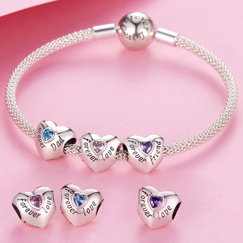 WOSTU 925 Sterling Silver Love Family Mom Dad Heart Zircon Charms Beads Pendant Fit Original Bracelet Necklace For Women Jewelry