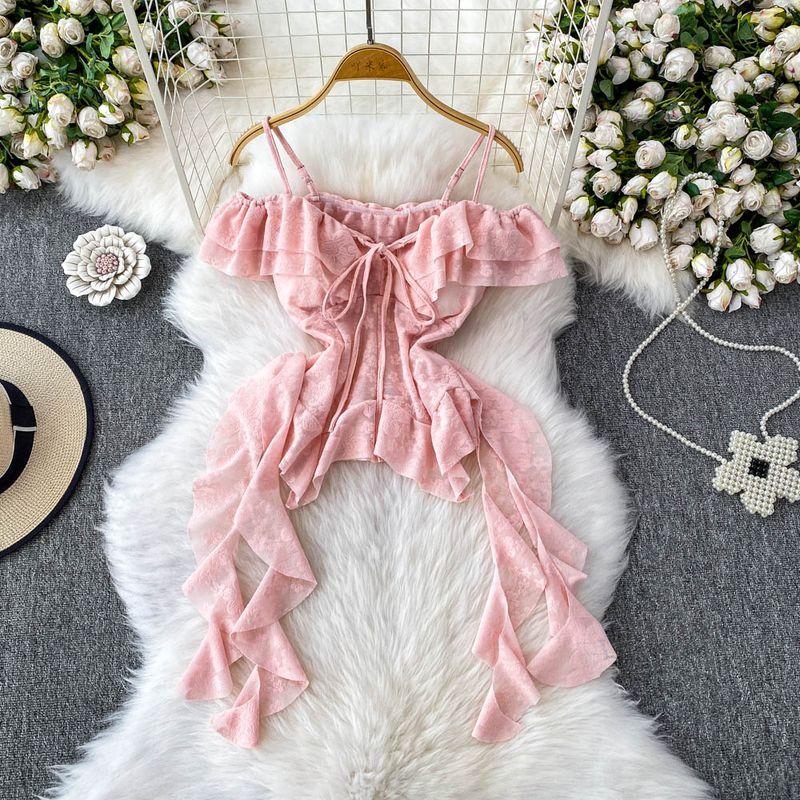 

French style Temperament Frill off-Shoulder Sling Top Women 2025 New Irregular Jacquard Slim fit Slimming Shirts Pink One size