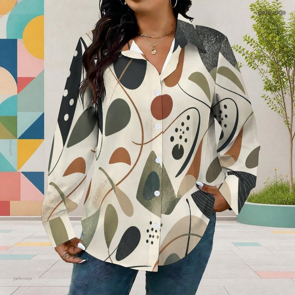 Women Plus Size Collared Long Sleeve Geometric Printed Button Front Shirt