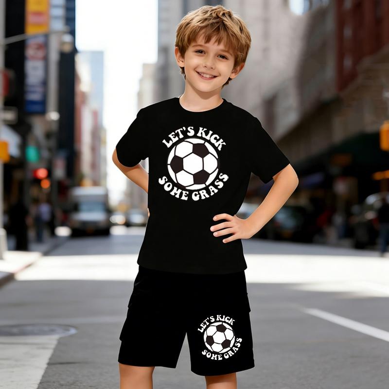 

Boys 2 Piece Football Element Print Outfit, Short Sleeve T-Shirt and Shorts Set for Kids Age 5-14,Black and White Sporty Casual Summer Clothes 5-6 Years чёрный
