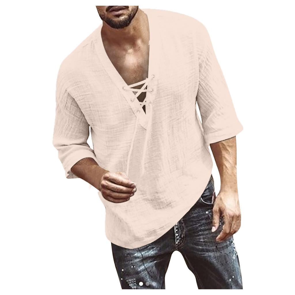 Designer Spring Summer Men's Casual Cotton Linen Solid Color Long Sleeve Shirts Loose Stand Collar Shirts