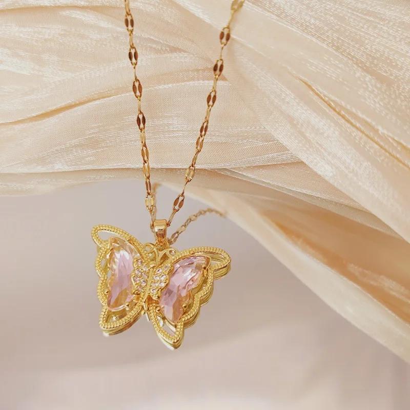 Sweet Colorful Butterfly Necklace Choker Dainty Layering Pendant Romantic Date Zircon for Women розовый