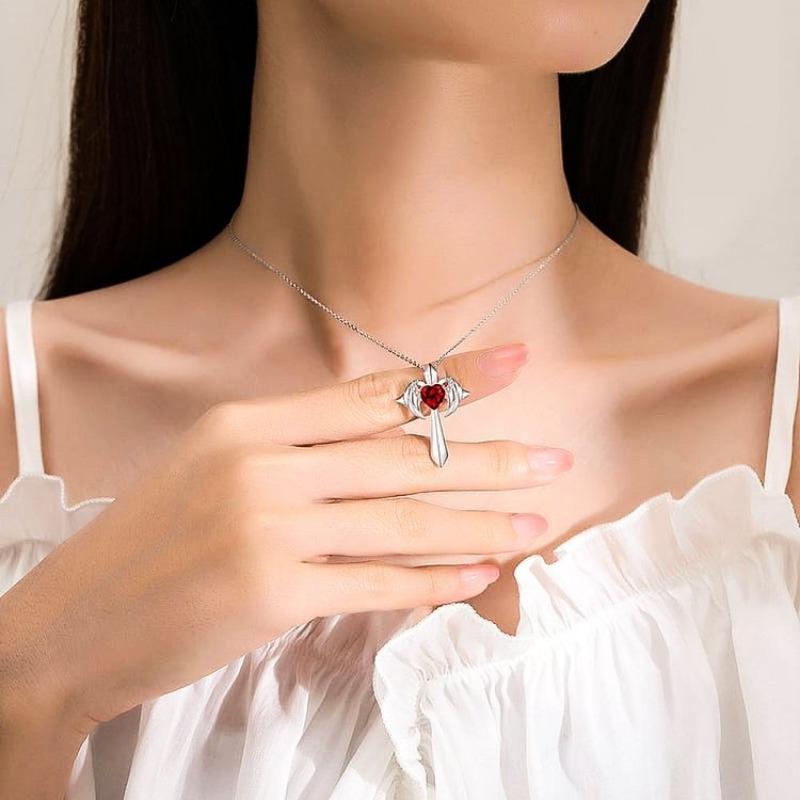 Colier Nou cu Pandantiv Cruce Aripă de Înger, Modă Femei, Colier cu Piatră Natală în Formă de Inimă, Cadou