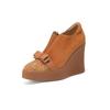 Platform bow wedge heel leather shoes 2025 spring 10.5cm super high heel splicing sheepskin small leather shoes