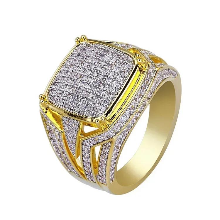 2023 Trendy Golden Full Crystal Geometric Men's Ring Business Style Party Wedding Fashion   Male Hand Accessories
