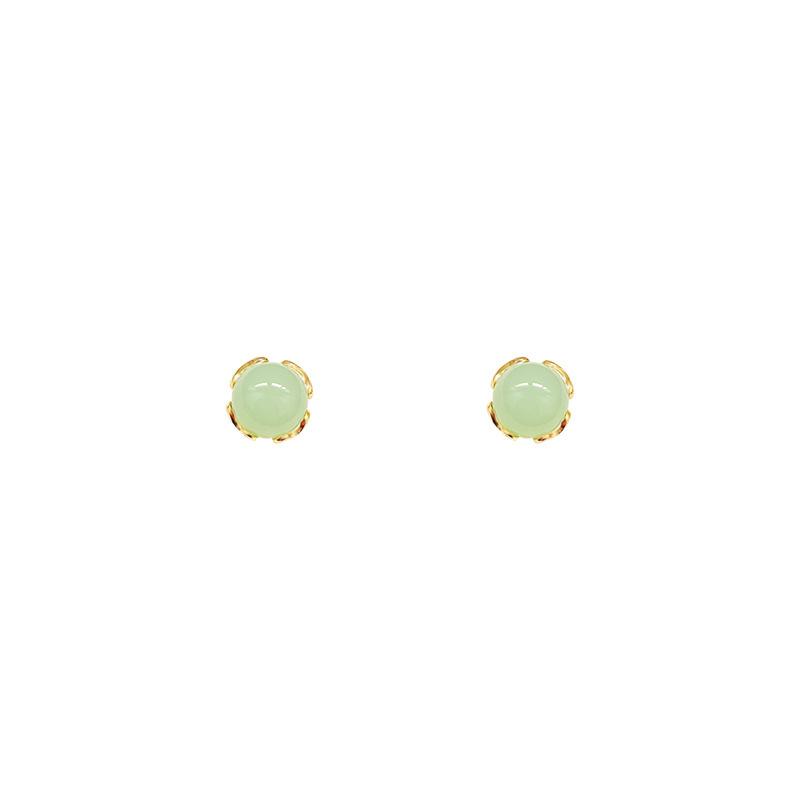 Vintage French Green Chalcedony Stud Earrings for Women's Cold Wind Earrings Autumn and Winter Ears