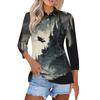 Women's Fashion Casual Lapel Short 3/4 Sleeve Halloween Print Shirt Women's Button Up Tops