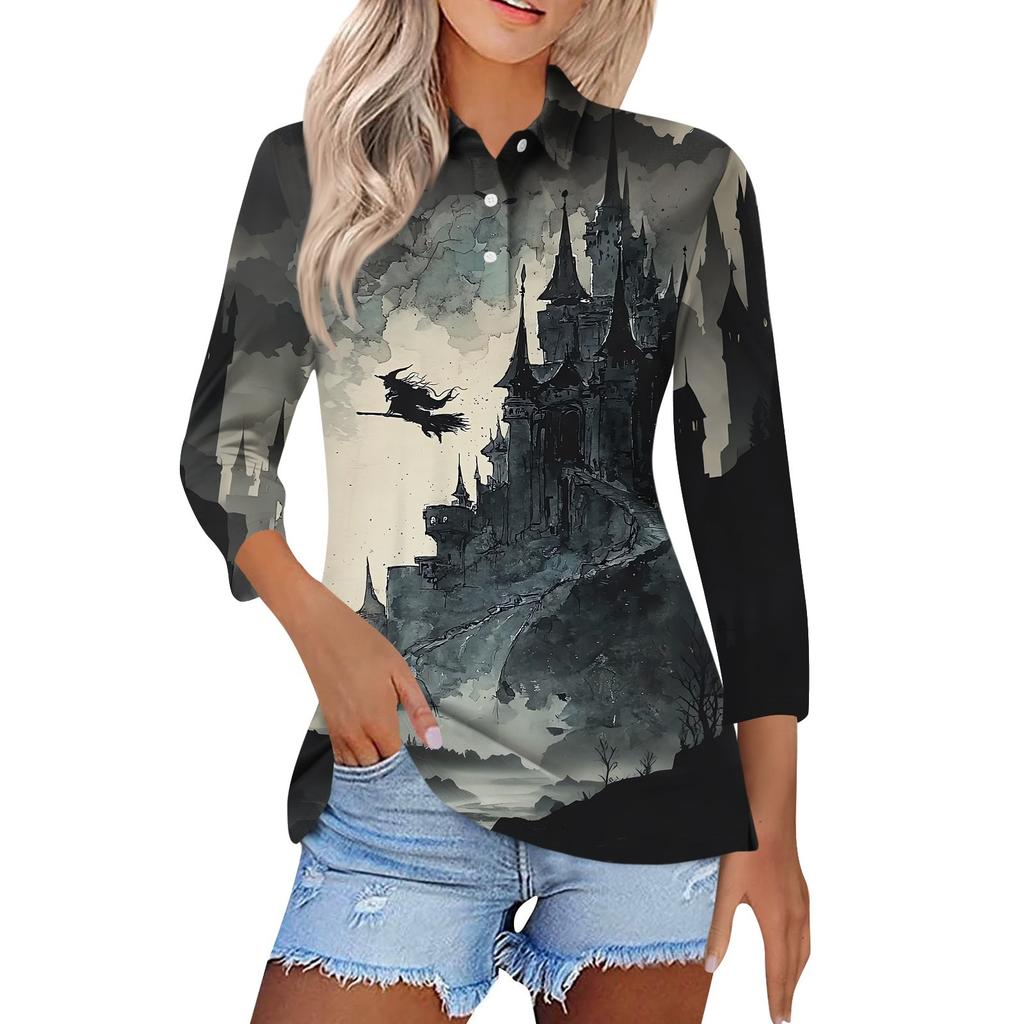 Women's Fashion Casual Lapel Short 3/4 Sleeve Halloween Print Shirt Women's Button Up Tops