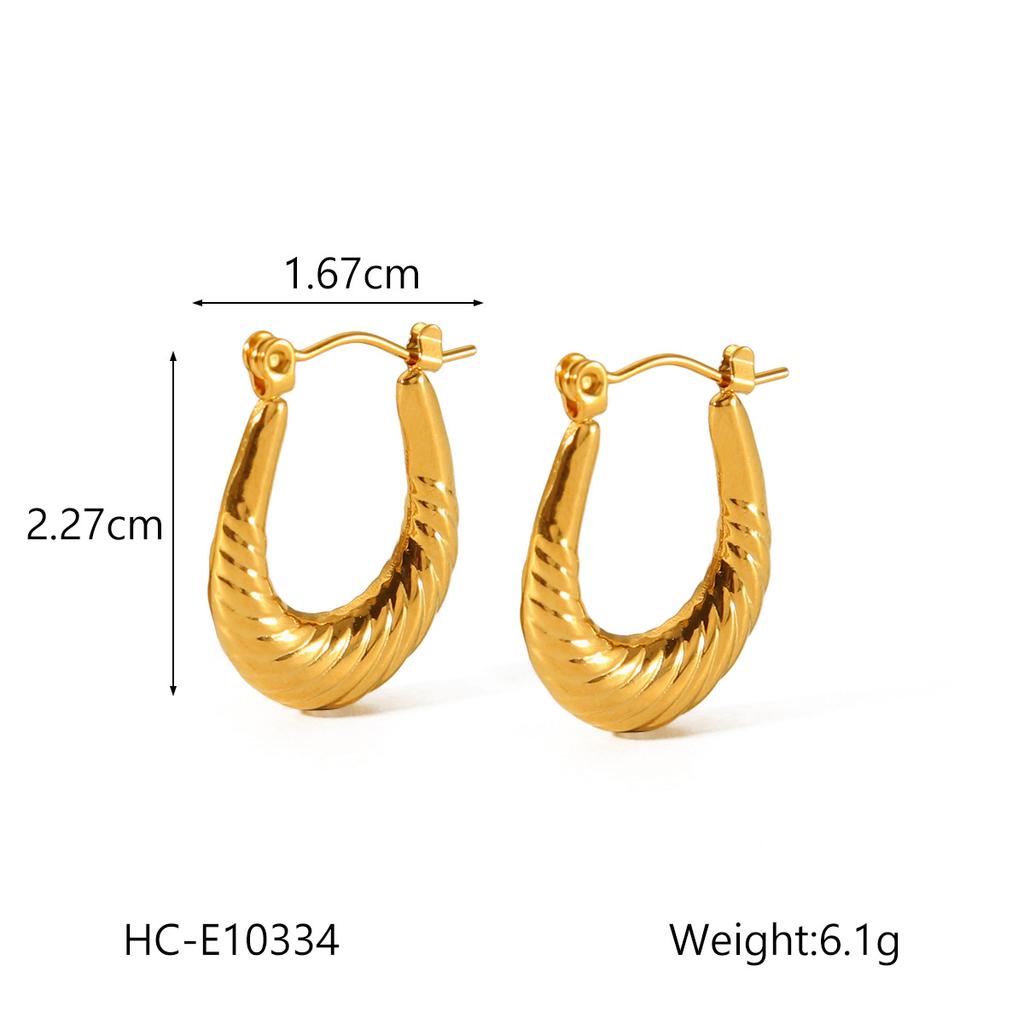 U-shaped 18K Gold Stainless Steel Earrings for Women, Fashionable Versatile Geometric Textured Titanium Steel Ear Jewelry